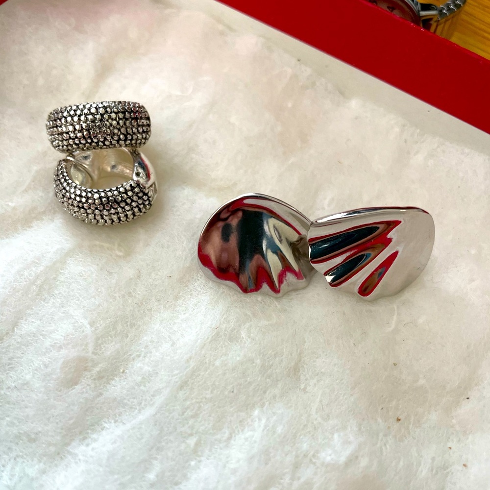 2 Vintage silver clip earrings - one Trifari pair.